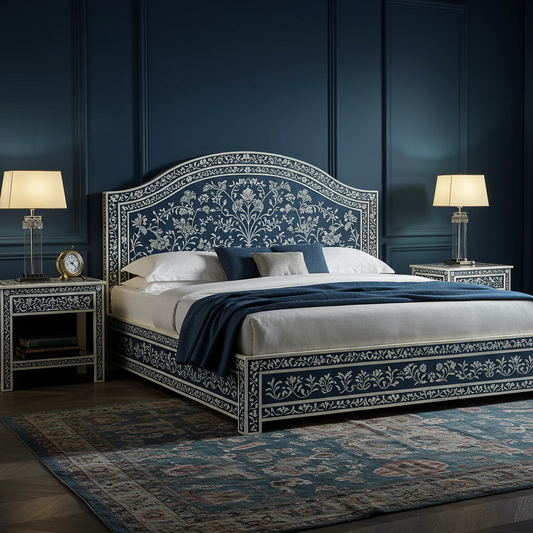Luxury Hand-Painted Floral Inlay King Bed with Matching Nightstands