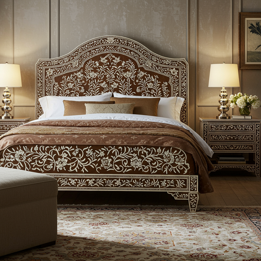 Handcrafted Inlaid Wooden King Bed with Matching Nightstands