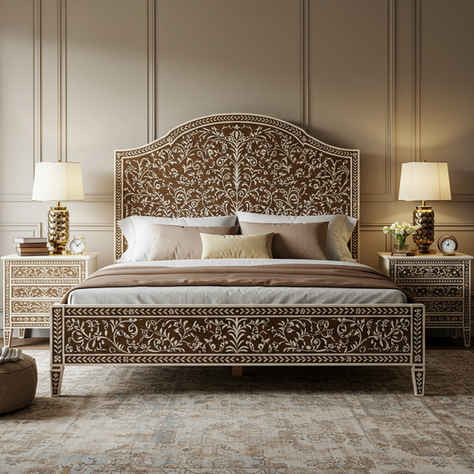 Handcrafted Floral Inlay Wooden Bed with Matching Nightstands