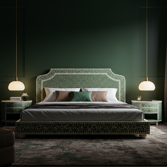 Elegant Green Inlay King Bed with Matching Nightstands