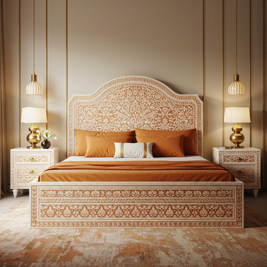 Handcrafted Floral Pattern Wood Inlay King Bed with Matching Nightstands