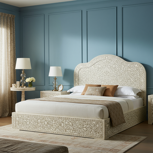 Luxury Carved Floral Pattern Queen Bed
