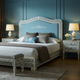 Luxury Blue Floral Patterned Upholstered Bed with Matching Nightstands and Bench
