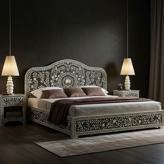 Handcrafted Floral Inlay King Size Bed with Nightstands