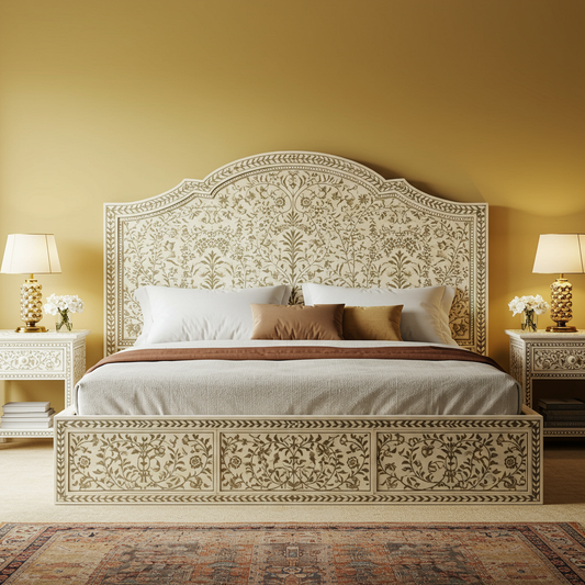 Luxury Hand-Carved Floral Pattern King Size Bed