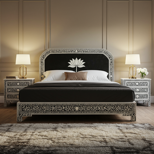 Luxury Handcrafted Bone Inlay Black & White Bed Set