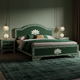 Elegant Hand-Painted Lotus Motif Green Wooden Bed with Nightstands