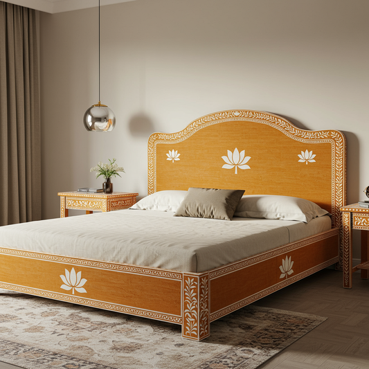 Handcrafted Lotus Motif Wooden Bed with Side Tables
