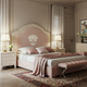 Elegant Pink Velvet Upholstered Bed with Floral Inlay Headboard