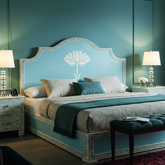 Elegant Hand-Painted Blue Floral King Bed Frame