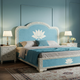 Luxury Blue Lotus-Inspired King Size Bed with Matching Nightstands