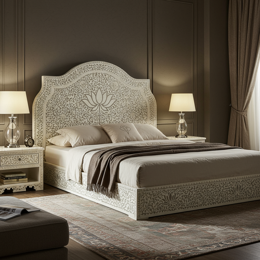 Intricately Carved Floral Pattern King Size Bed with Nightstands