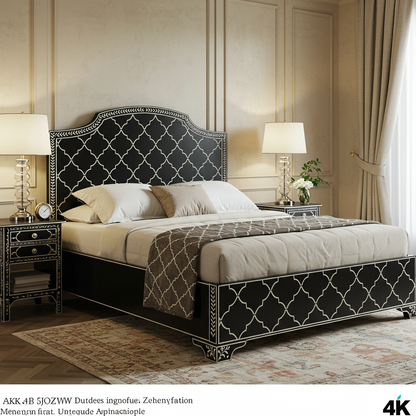Luxury Black and White Patterned Bed with Nightstands