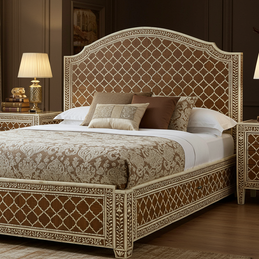 Luxury Brown and Ivory Inlaid Queen Bed