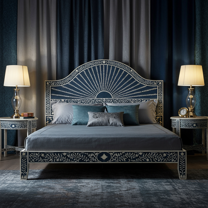 Handcrafted Inlaid Wooden King Size Bed with Matching Nightstands