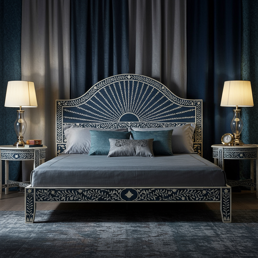 Handcrafted Inlaid Wooden King Size Bed with Matching Nightstands