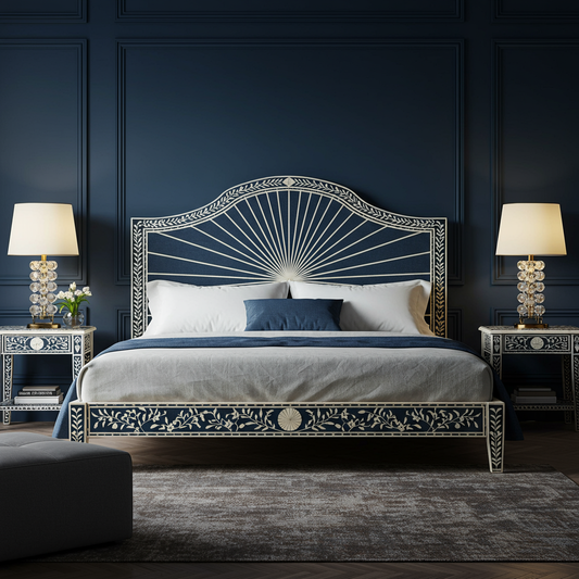 Elegant Hand-Painted Blue & White King Bed with Matching Nightstands