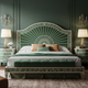 Elegance Green Hand-Painted King Bed with Upholstered Bench