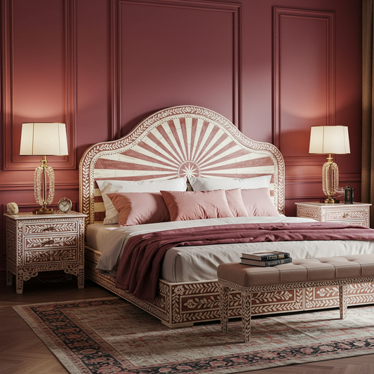 Luxury Handcrafted King Bed Set with Inlay Nightstands and Bench