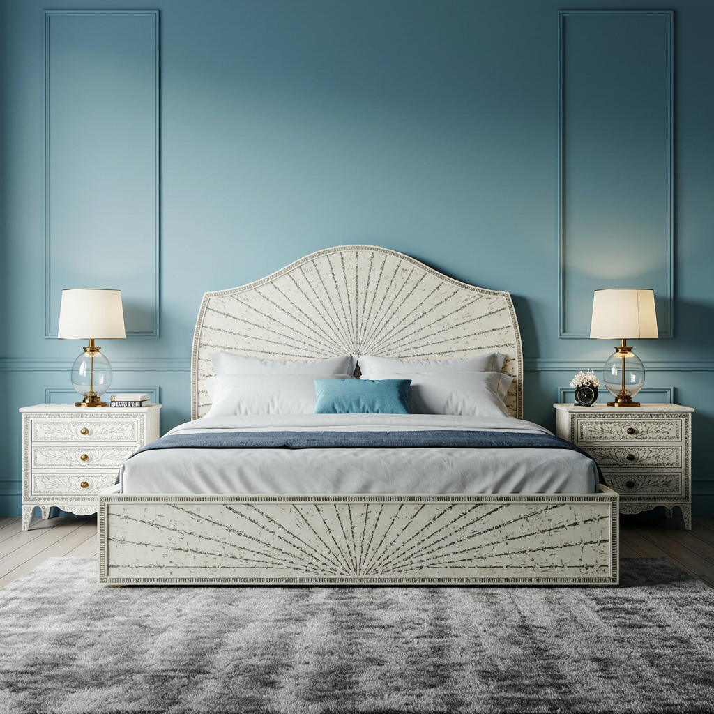 Vintage Sunburst Upholstered King Bed with Matching Nightstands