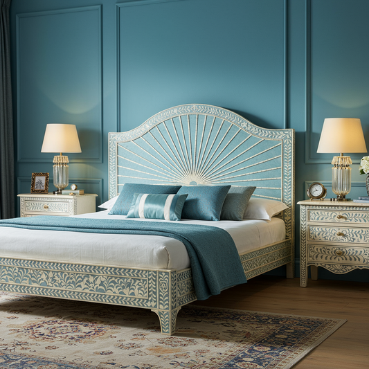 Luxury Hand-Painted Inlay King Bed with Intricate Sunburst Headboard