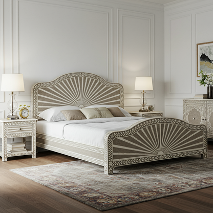 Luxury Inlaid Bone Wood Carved Bed Frame
