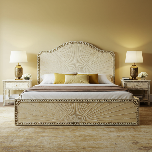 Luxury Sunburst Carved King Size Bed with Matching Nightstands