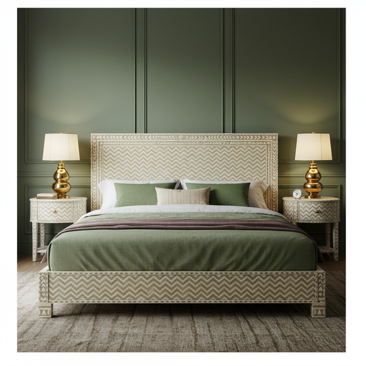 Chevron Pattern Inlaid King Size Bed with Matching Nightstands