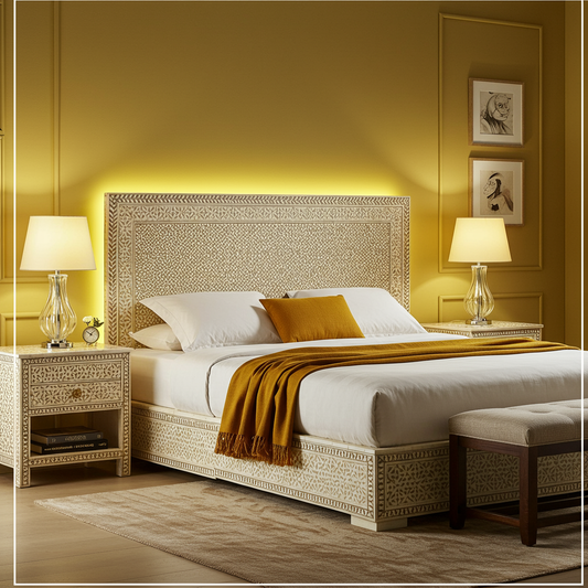 Elegant Bone Inlay King Size Bed with Matching Nightstands