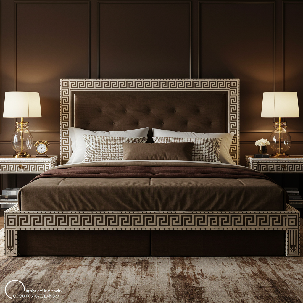 Luxury Brown Upholstered Bed with Greek Key Detailing