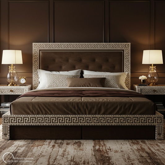 Luxury Brown Upholstered Bed with Greek Key Detailing