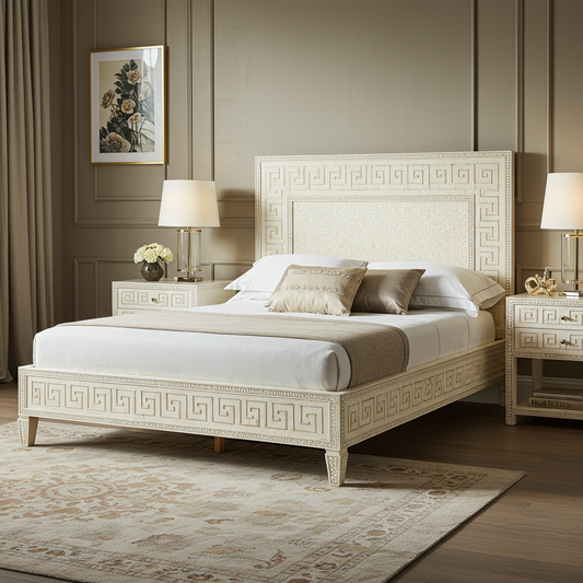 Elegance Ivory Greek Key Upholstered Bed