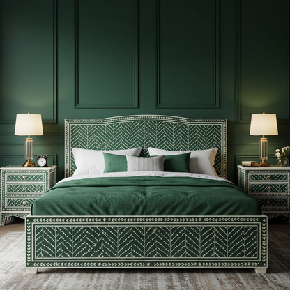 Luxurious Handcrafted Green Bone Inlay Queen Bed with Matching Nightstands