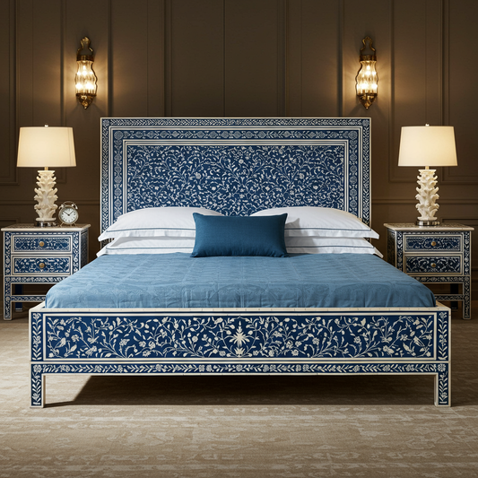 Handcrafted Inlay Floral Pattern King Size Bed with Nightstands