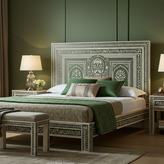 Handcrafted Inlaid Bone & Wood Queen Bed
