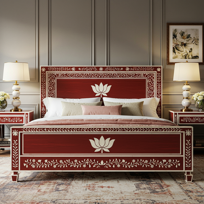 Luxury Handcrafted Red and Cream Inlay King Size Bed