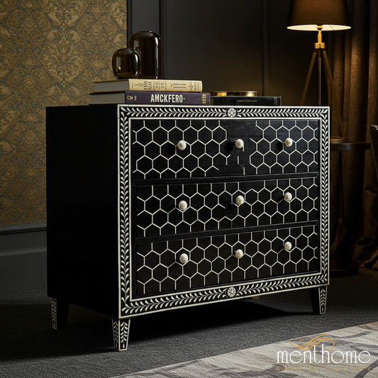 Black and White Bone Inlay Three-Drawer Chest | Luxury Handmade Chest of Drawer