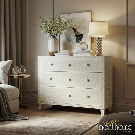 Elegant Inlaid Wood Three-Drawer Chest | Luxury Handmade Chest of Drawer