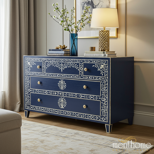 Blue Decorative 5-Drawer Chest with Floral Inlay | Luxury Handmade Dresser