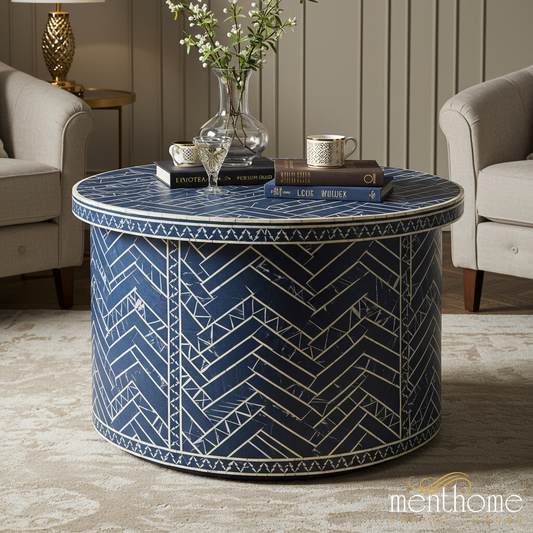 Elegant Blue and White Patterned Round Coffee Table | Luxury Handmade Coffee Table
