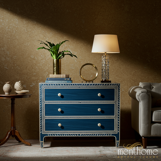 Elegant Blue Three-Drawer Chest with Decorative Inlay | Luxury Handmade Chest of Drawer