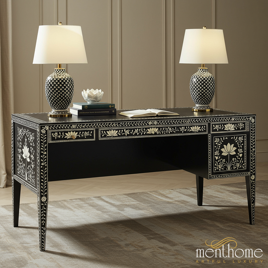 Elegant Black Wood Desk with Intricate White Floral Inlay | Luxury Handmade Desk