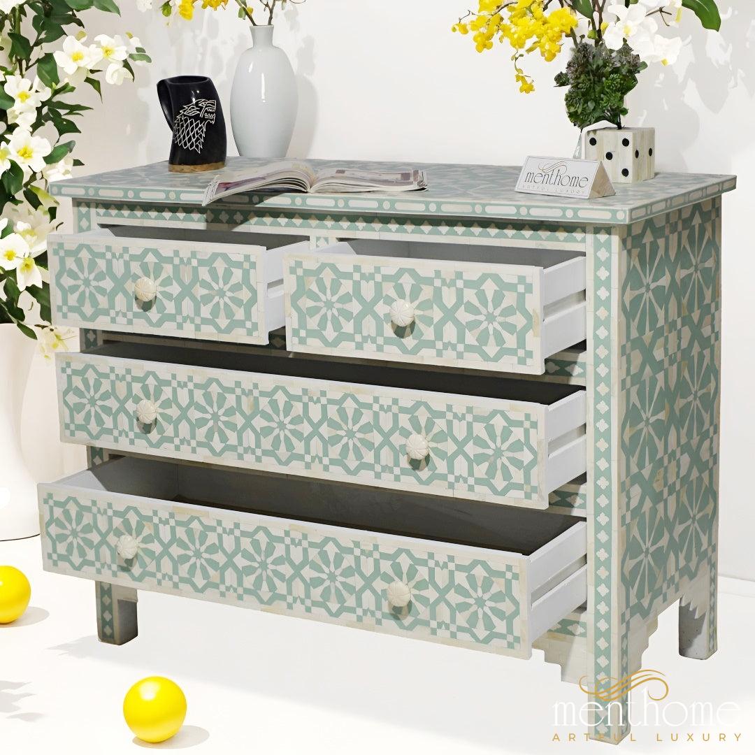 Arrow Pattern Bone Inlay Dresser with Four Drawers | Luxury Handmade Dresser