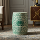 Green and White Floral Patterned Ceramic Garden Stool | Luxury Handmade Stool