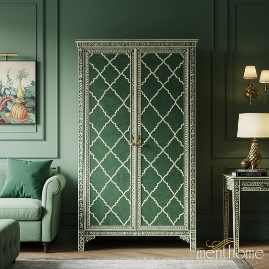 Elegant Green Moroccan Style Inlaid Wardrobe Cabinet | Luxury Handmade Wardrobe