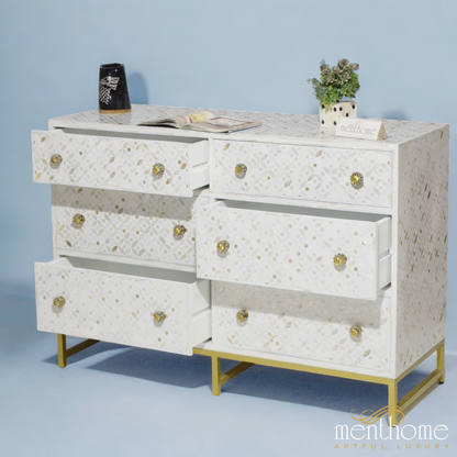 Six-Drawer Dresser Mother of Pearl Eye Cut Design | Luxury Handmade Dresser