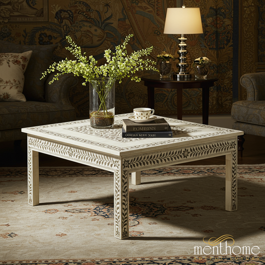 Handcrafted Bone Inlay Coffee Table with Floral Leaf Design | Luxury Handmade Coffee Table