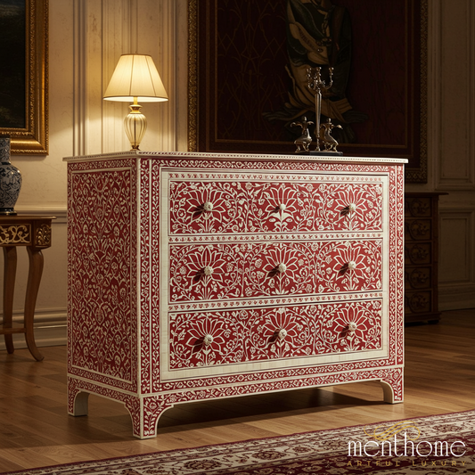 Handcrafted Red Floral Inlay Chest of Drawers | Luxury Handmade Chest of Drawer