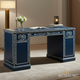 Elegant Blue Wooden Office Desk with Hand-Painted Floral Detailing | Luxury Handmade Desk