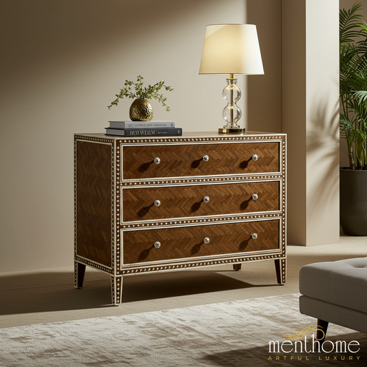 Wooden Three-Drawer Chest with Inlaid Design | Luxury Handmade Chest of Drawer